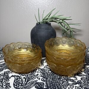 Vintage Amber Glass Dessert Bowls Set of 5 Thumbprint 4.5” Mid Century Scalloped
